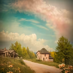 this is a picture of an abandoned house,a dirt road runs beside houses and trees