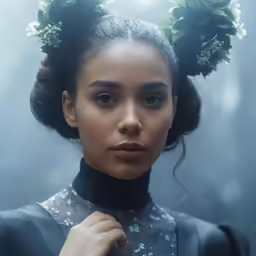 the girl in black is wearing a flower wreath
