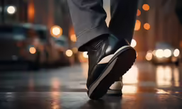 person walking on pavement with city lights in the background