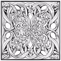 the design for this celtic pattern shows a swirly spiral - like pattern, which is surrounded by circular intertwined lines and leaves
