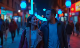 a man and woman walking down the street at night
