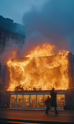 a large building is shown with a huge amount of flames coming from it