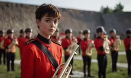 the woman in the uniform is playing the trumpet