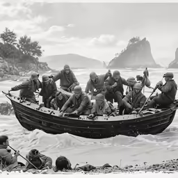 a boat with many people and one person holding on to a spear