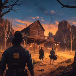 cowboys walking towards a building on an old west style trail