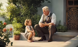an elderly man and child sitting on steps in front of plants