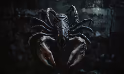 creepy, alien hands and arms spread out over a giant hand