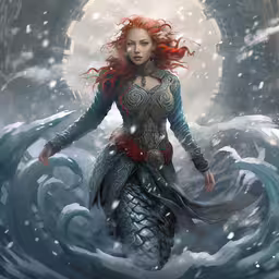 a red headed woman standing on top of a wave,a drawing of a beautiful mermaid standing on water