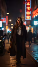 a woman walking down a street in the dark