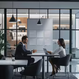a business woman and man having a meeting in an office