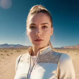a woman in a white shirt in a desert