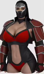 a woman in a red and black outfit posing for the camera