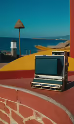 old fashioned television set sitting on brick wall overlooking the beach