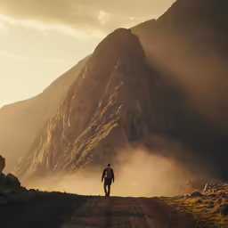 a person walking down a dirt road towards mountains