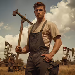 a man in overalls stands with an oil drill