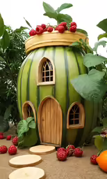 a watermelon house with lots of green leaves and berries around