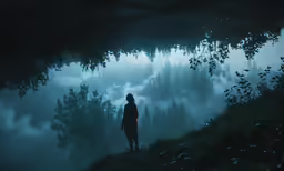 a lone woman standing in the middle of a forest