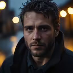 an adult male in a black jacket is looking at the camera