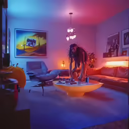 a living room with a table that has candles on it