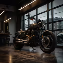 a large motorcycle in a building with lots of windows