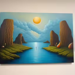 the canvas depicts an ocean scene, trees, a man and clouds,an oil painting of a landscape with a blue lake and forest on the side,the painting is hanging on the wall in the room,a painting of a person walking on the water,a painting of a lake by the shore