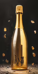 a gold colored bottle with the message forbidden is on a table