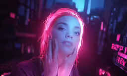 a woman with pink hair stands next to computer screens and looks off into the distance