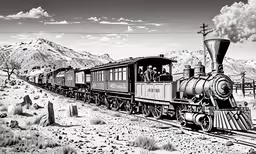 the old steam locomotive is moving along the tracks,a black and white train traveling through a desert