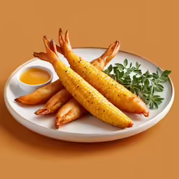fried corn on a plate with dipping sauce