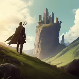 a man with a sword looks at a castle on a rock formation