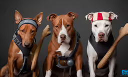 three dogs are wearing small costumes in front of a grey background