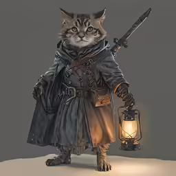 a cat that is holding a lantern while wearing a hat and coat