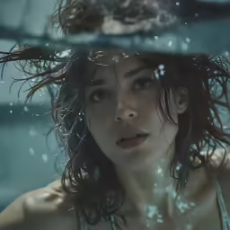 a young woman with wet hair looking up while standing under water