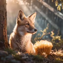 a fox stands next to a tree and looks back