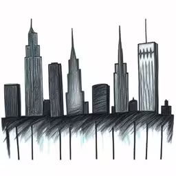 a drawing of a city skyline that looks like a painting,drawing of a city skyline and clouds