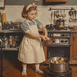 a small girl stands next to a pan and a stove