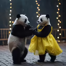 the two pandas are on stage holding hands