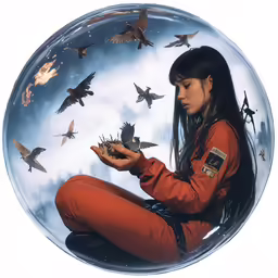 the girl in an orange space suit is holding a bird