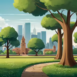 a drawing shows a rural park with a large tall city behind