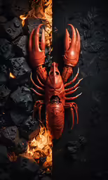 a red lobster laying on fire with lots of coal