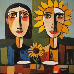 a painting of two women and one sunflower on a tile wall