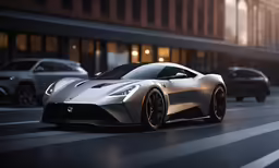 a gray sports car is parked on the side of the road