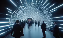 people walking through a tunnel surrounded by lights