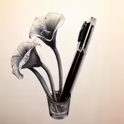 an artistic drawing shows flowers in a glass
