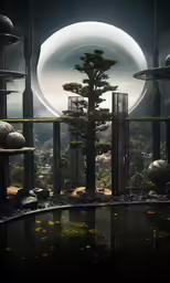 a futuristic landscape with a tree, a fence and a big object in the background