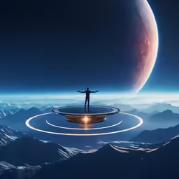 a person stands at an object in the middle of mountains