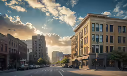 a city with buildings at sunrise and sunlight rays shining through the clouds