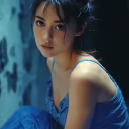 a woman in blue dress posing for picture