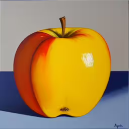 an apple painted in yellow and orange on a blue background,an apple is in the middle of a painting,a painting of an apple is shown against a blue background,an apple is painted yellow and red on a blue background,an apple painted on a white and blue background