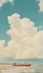 a small ship on the water under a cloudy blue sky